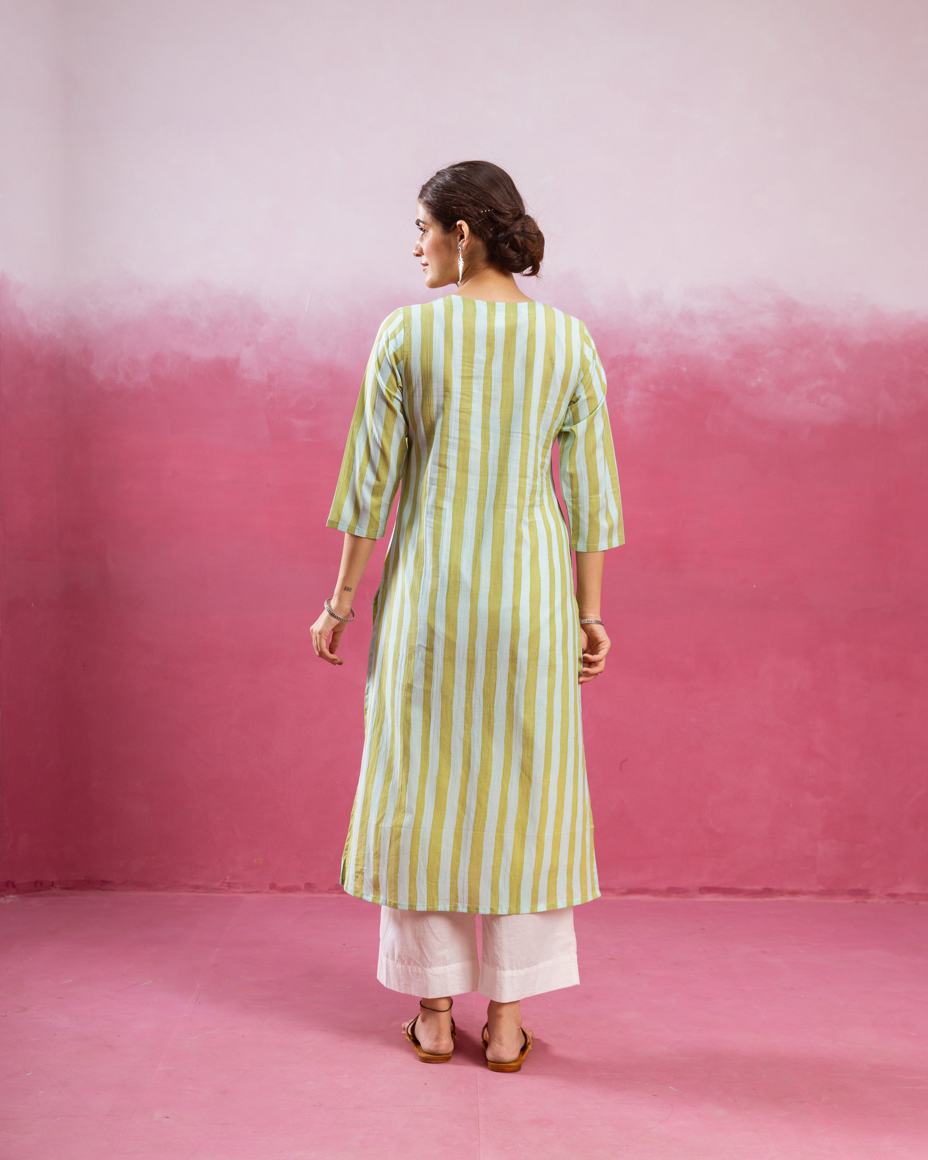Lime Green & White Kurta  (Pant Not Included )