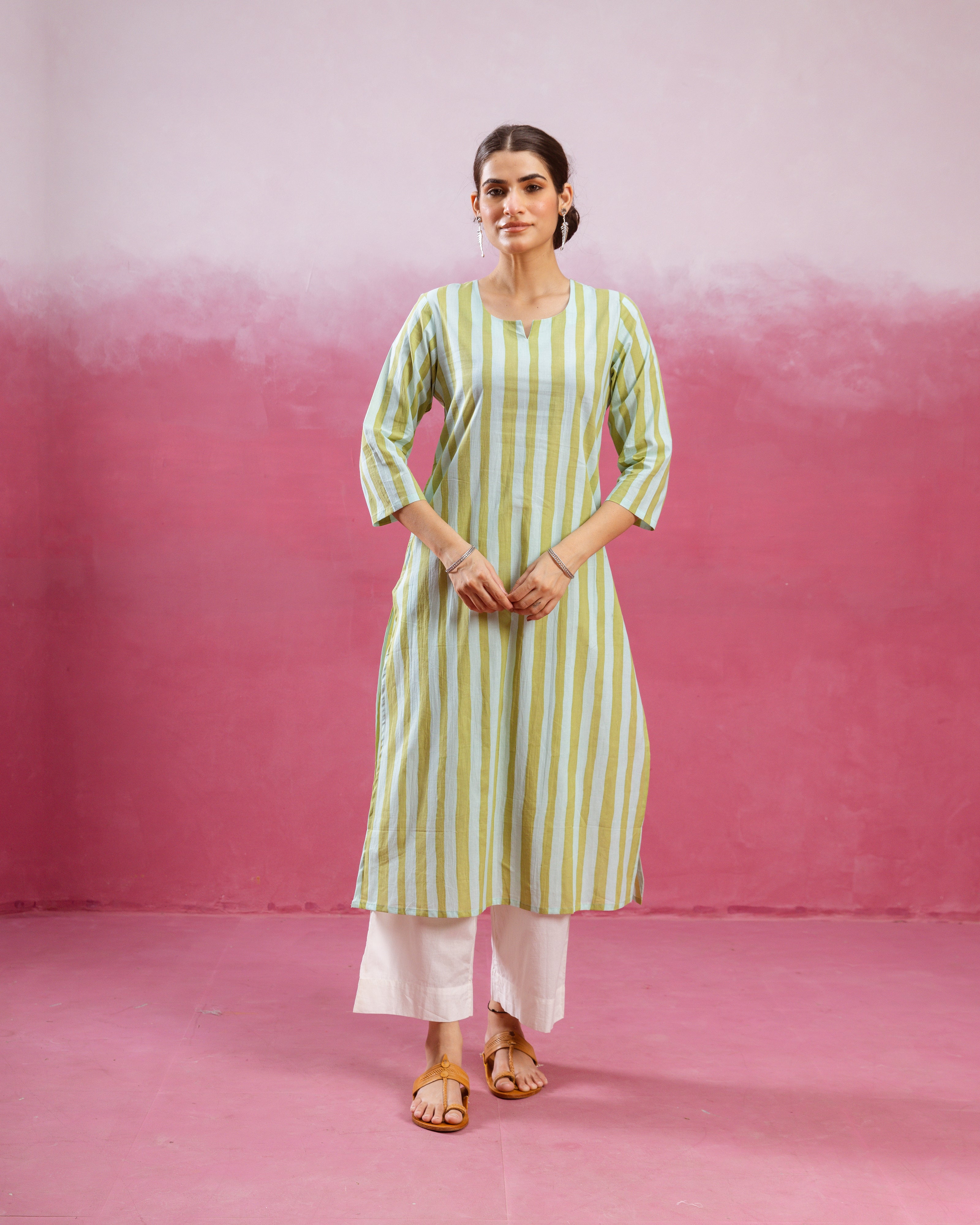 Lime Green & White Kurta  (Pant Not Included )