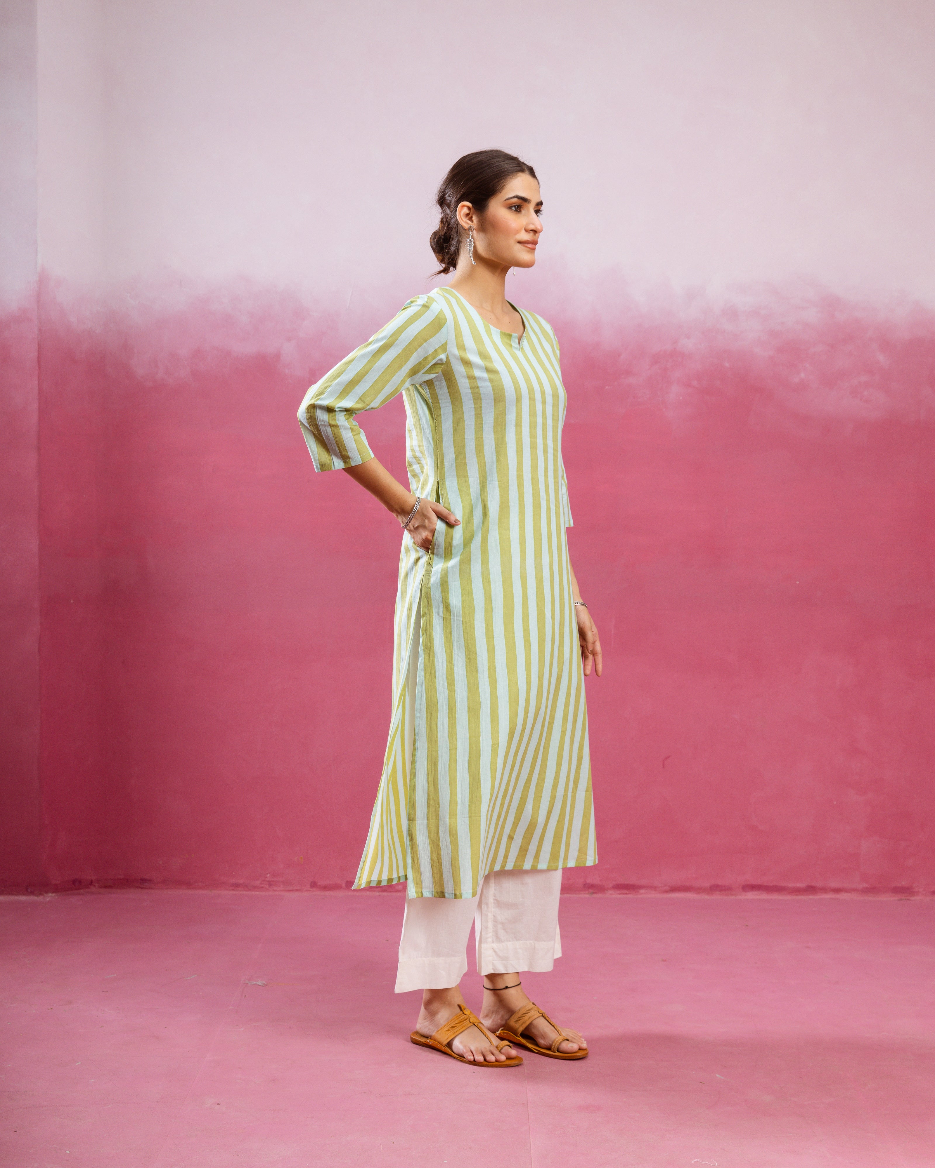 Lime Green & White Kurta  (Pant Not Included )