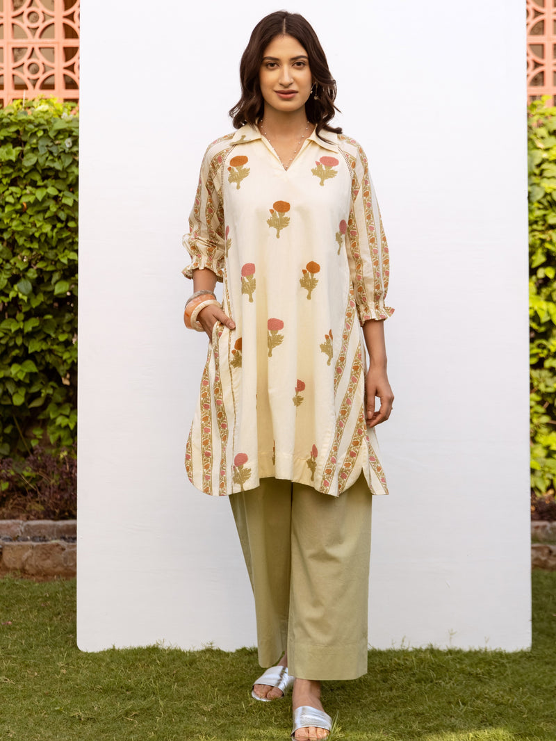 Cream Cotton Round Floral Print Kurta For Women's