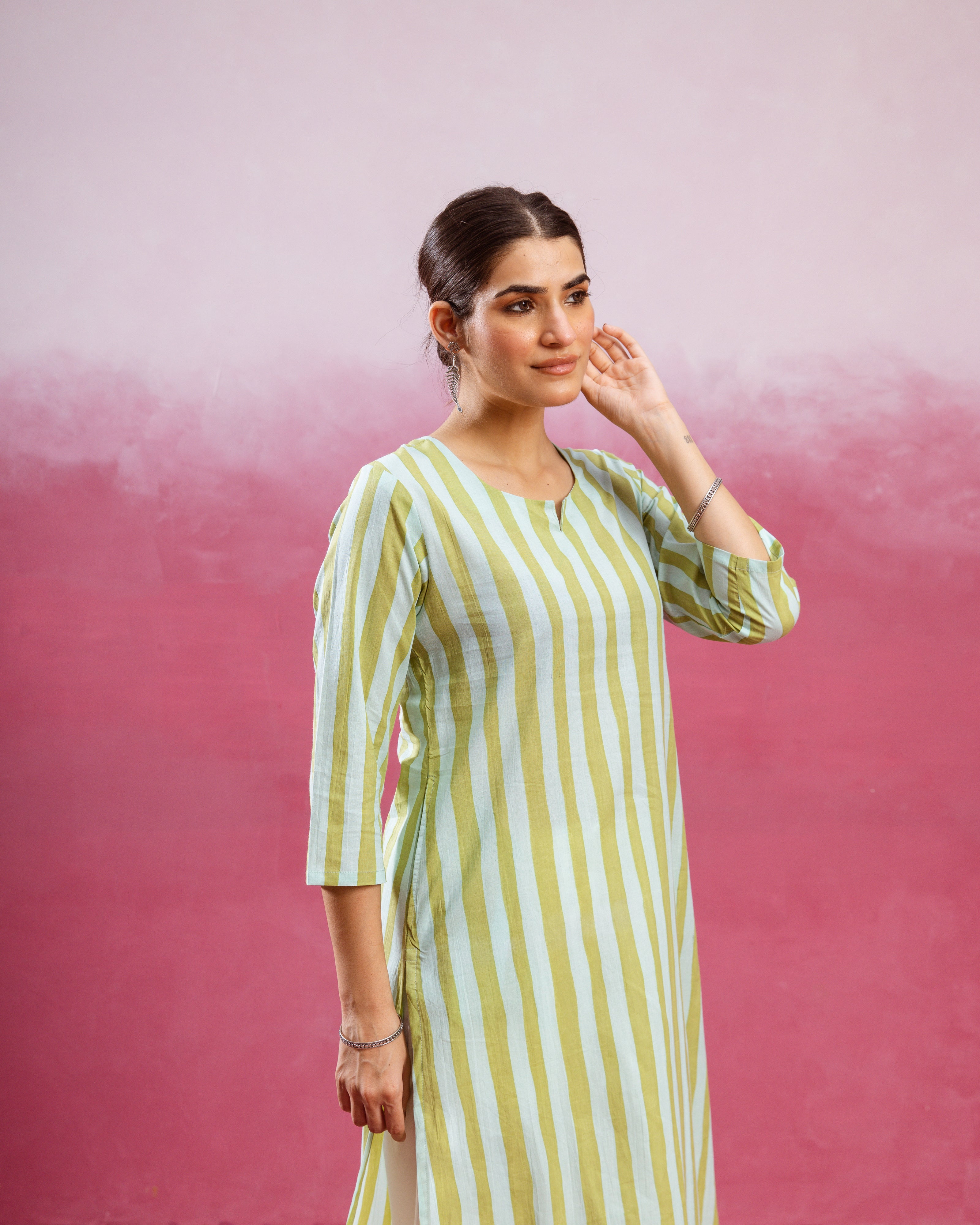 Lime Green & White Kurta  (Pant Not Included )