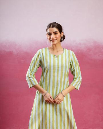 Lime Green & White Kurta  (Pant Not Included )