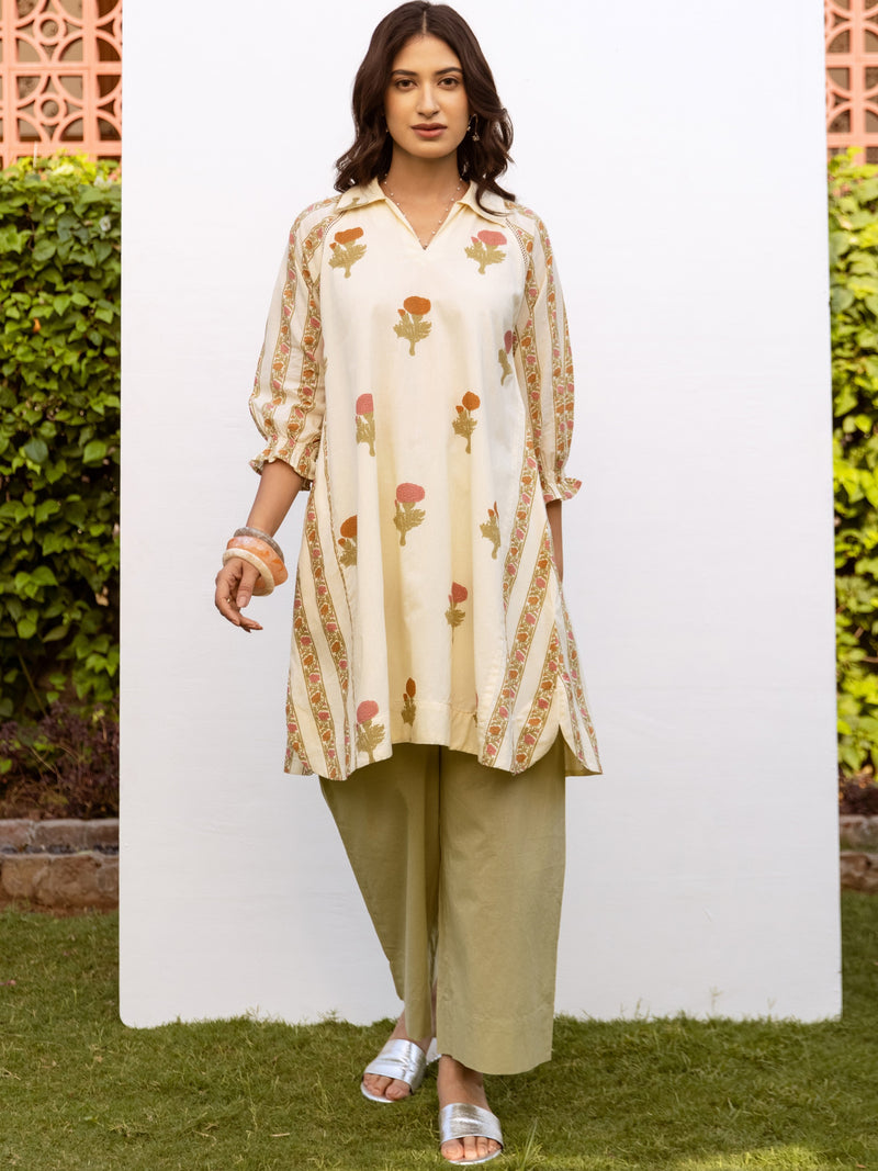 Cream Cotton Round Floral Print Kurta For Women's