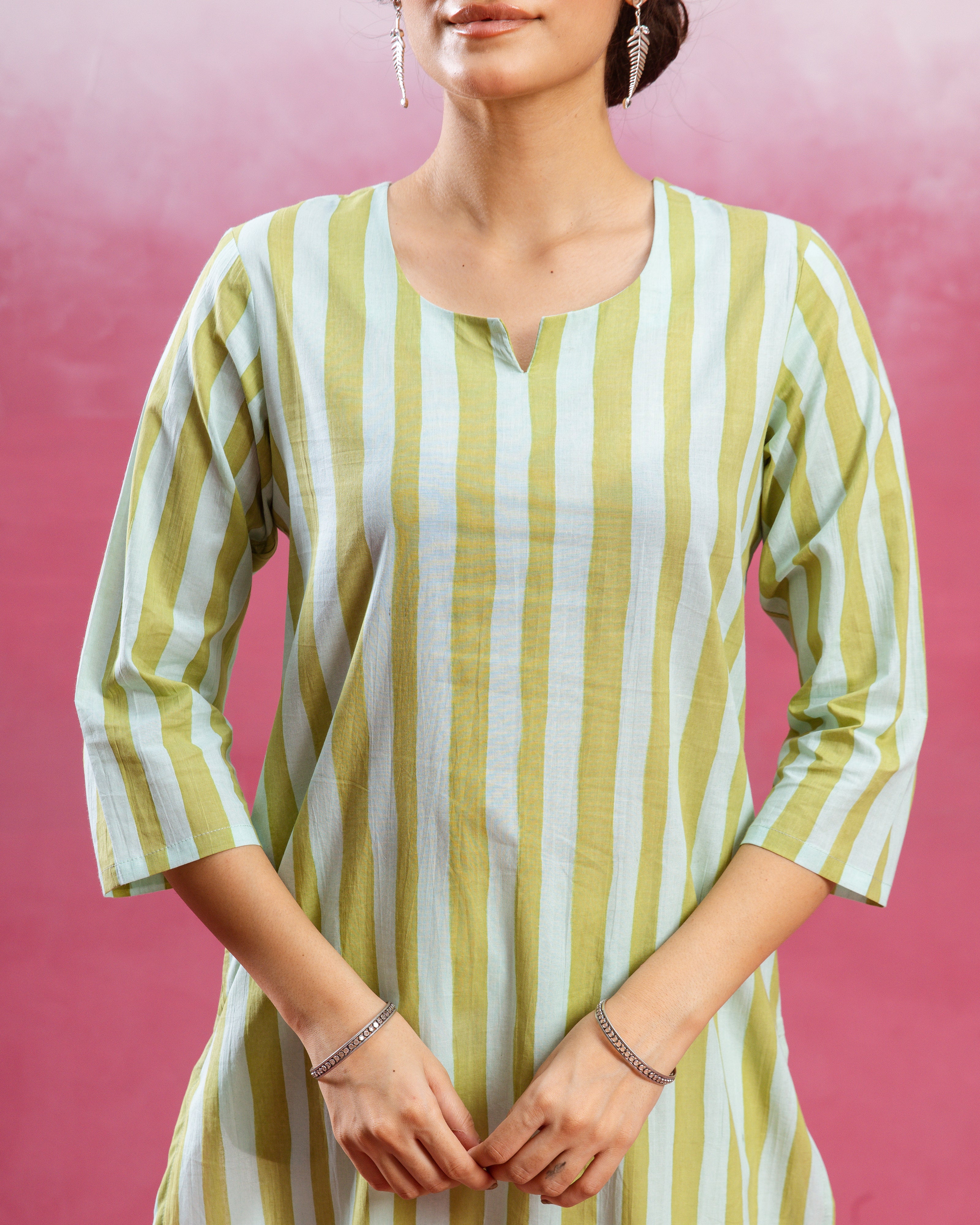 Lime Green & White Kurta  (Pant Not Included )