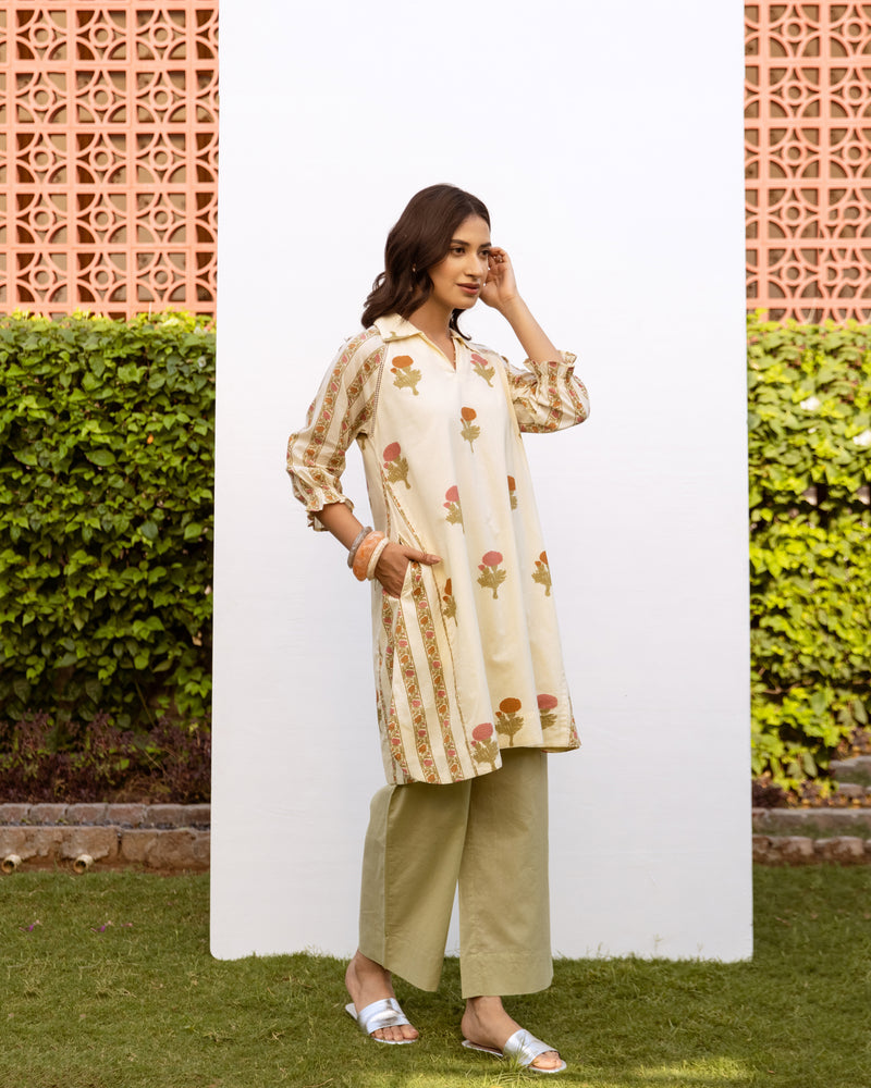 Cream Cotton Round Floral Print Kurta For Women's