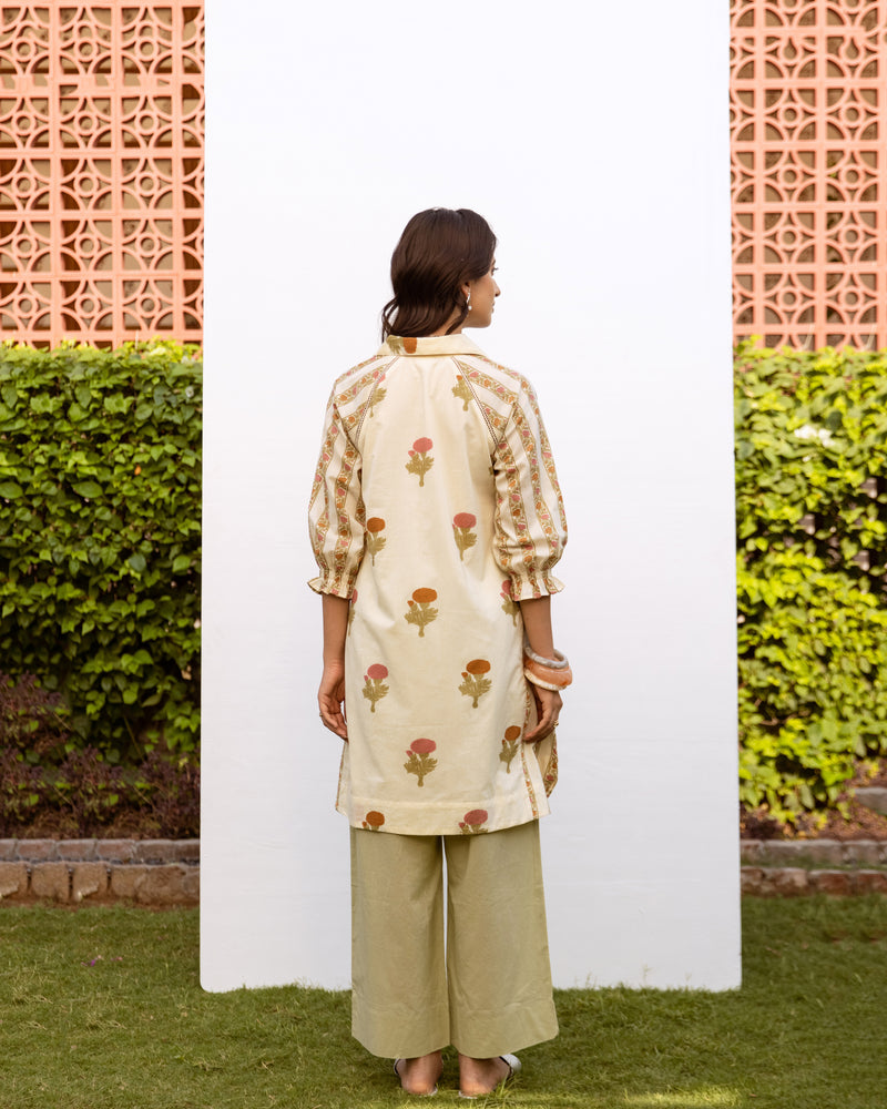 Cream Cotton Round Floral Print Kurta For Women's