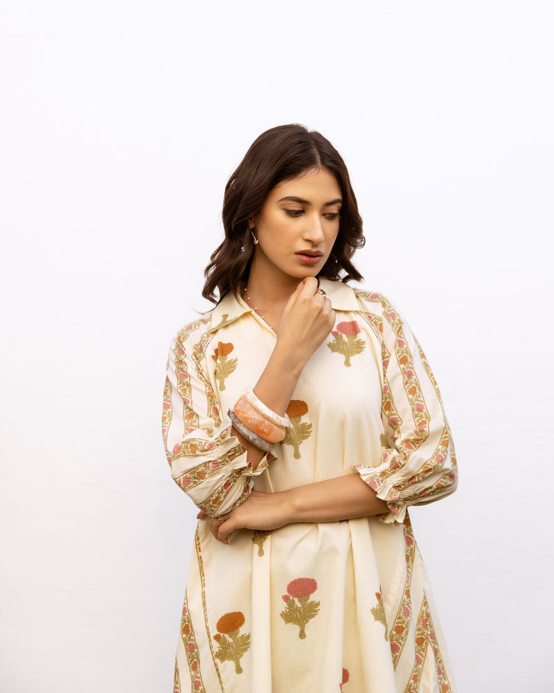 Cream Cotton Round Floral Print Kurta For Women's
