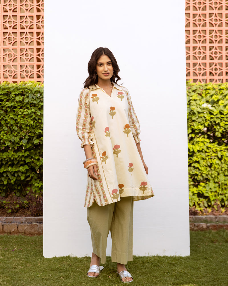 Cream Cotton Round Floral Print Kurta For Women's