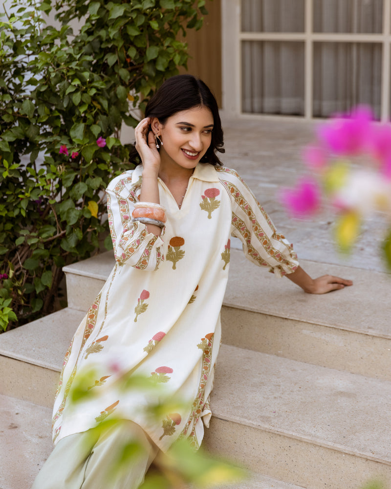 Cream Cotton Round Floral Print Kurta For Women's