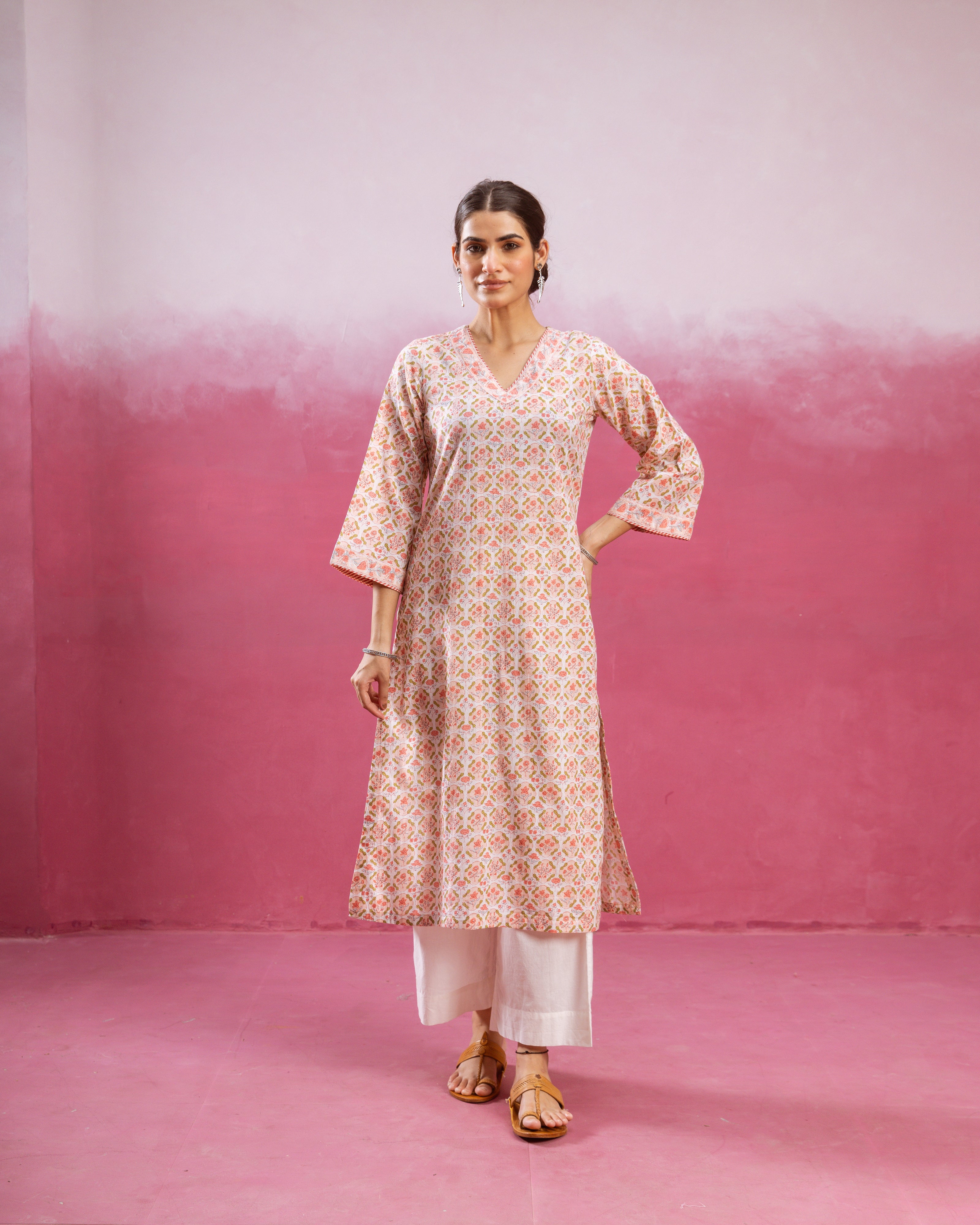 White & Peach Kurta (Pant And Dupatta Not Included)
