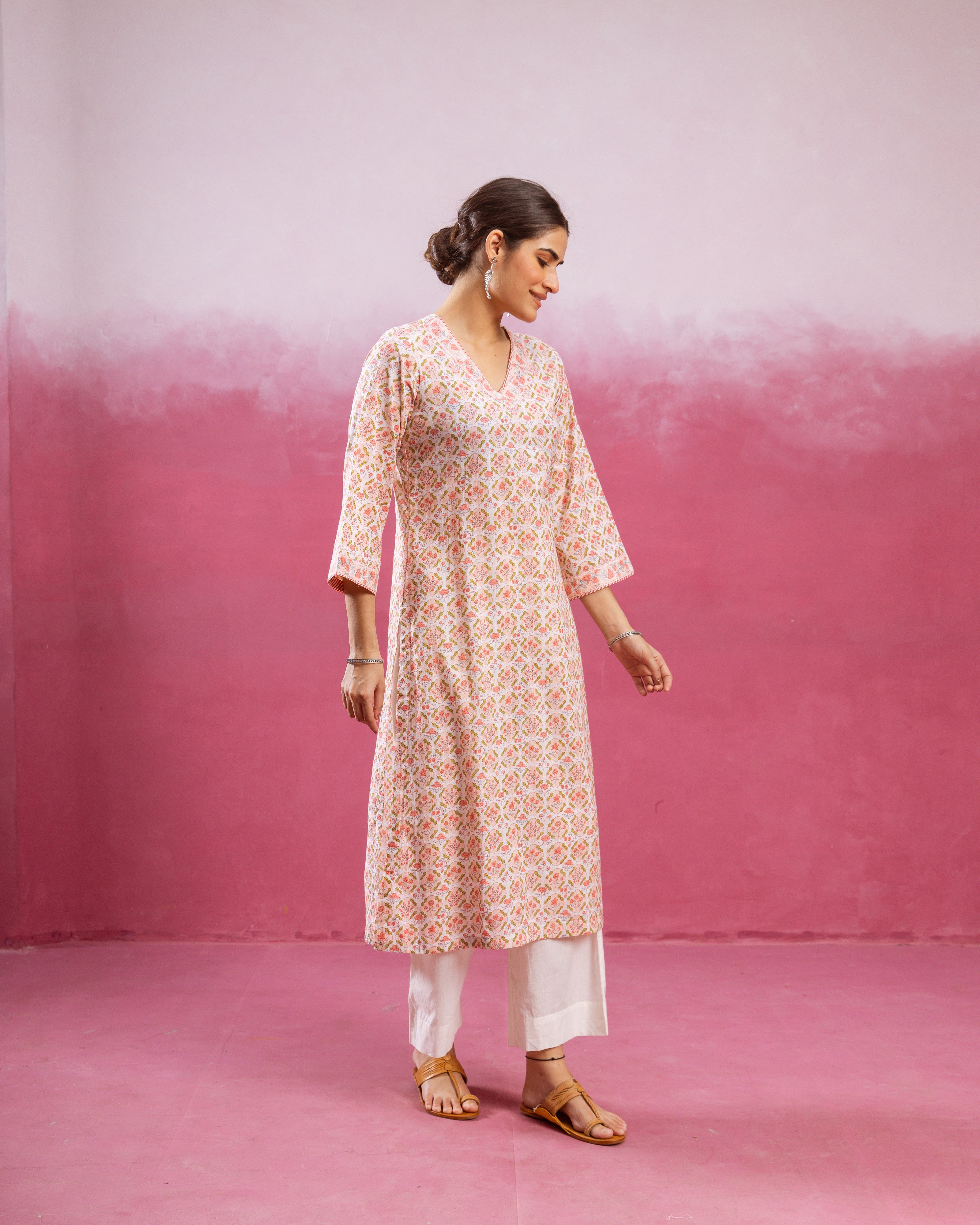 White & Peach Kurta (Pant And Dupatta Not Included)