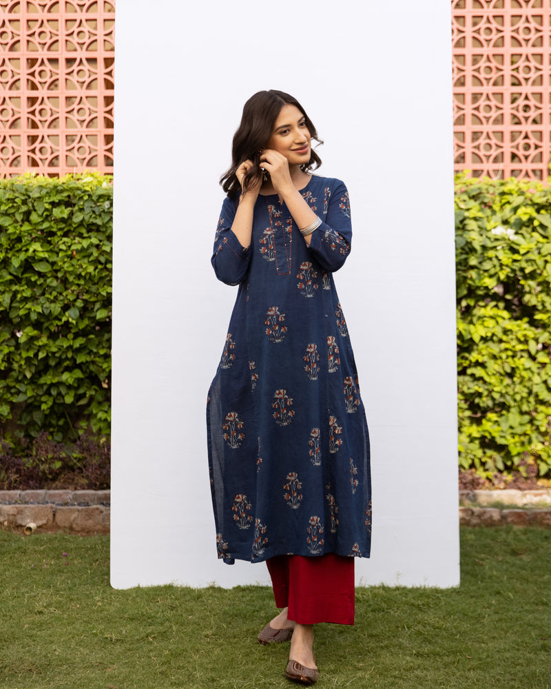 Indigo Cotton Round Neck Handblock Kurta For Women's