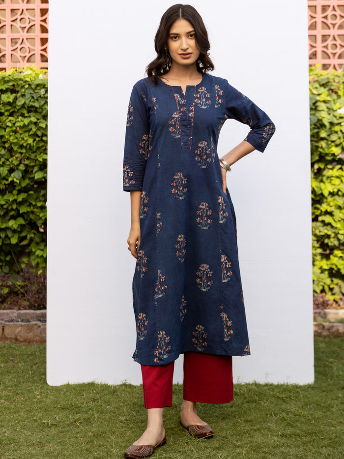 Indigo Cotton Round Neck Handblock Kurta For Women's
