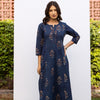Indigo Cotton Round Neck Handblock Kurta For Women's