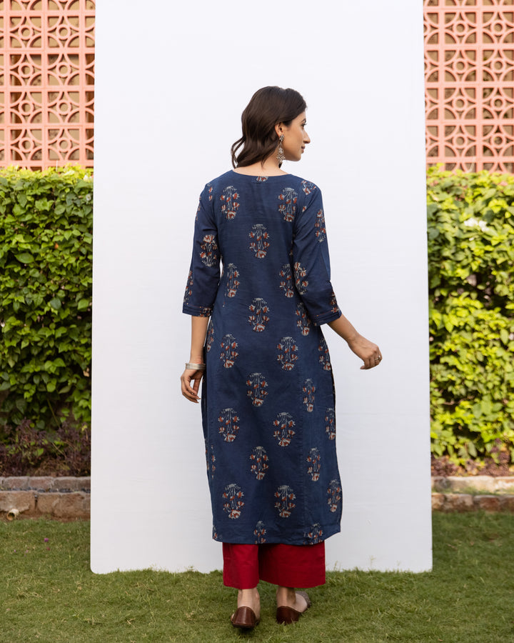 INDIGO COTTON ROUND WITH V-NECK HANDBLOCK KURTA FOR WOMEN'S