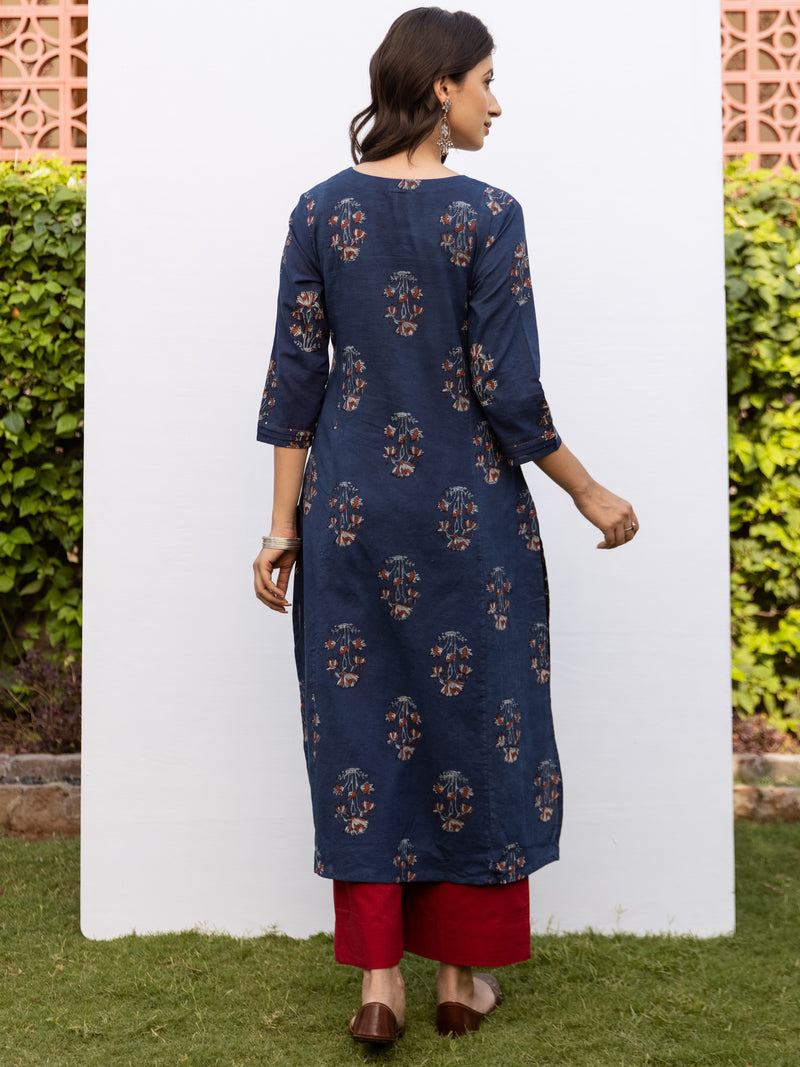 Indigo Cotton Round Neck Handblock Kurta For Women's