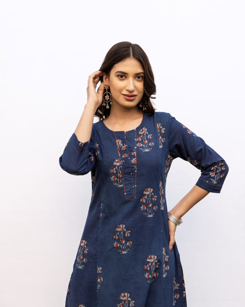 Indigo Cotton Round Neck Handblock Kurta For Women's