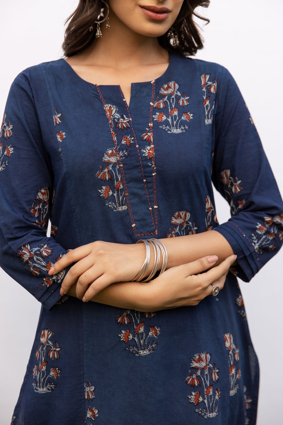 Indigo Cotton Round Neck Handblock Kurta For Women's