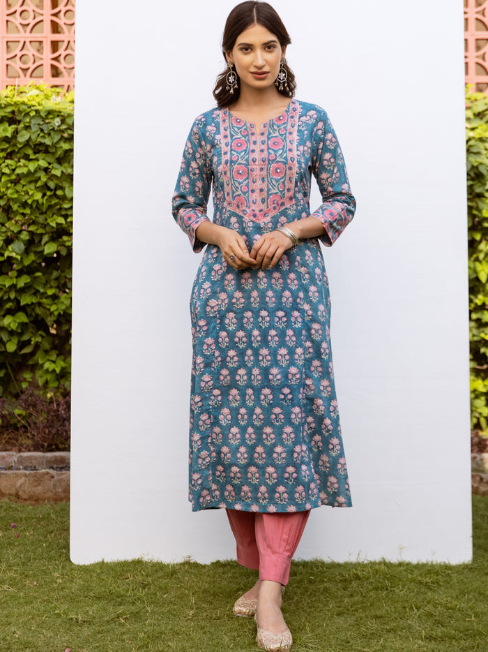 Blue Cotton Round Neck Handblock Kurta For Women's