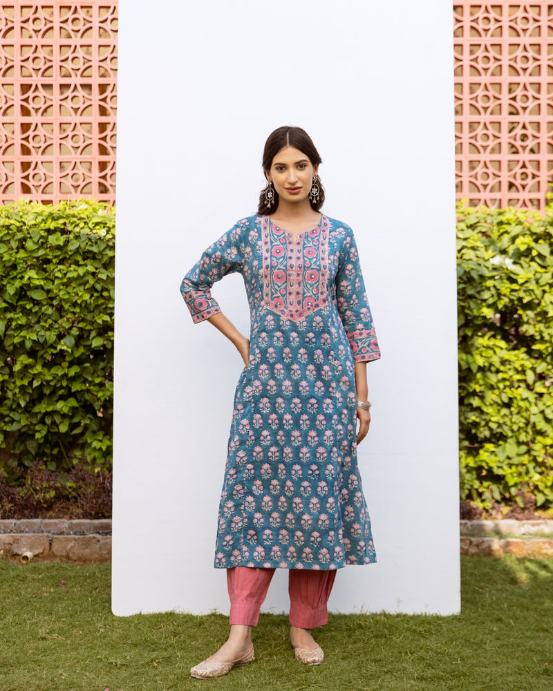Blue Cotton Round Neck Handblock Kurta For Women's