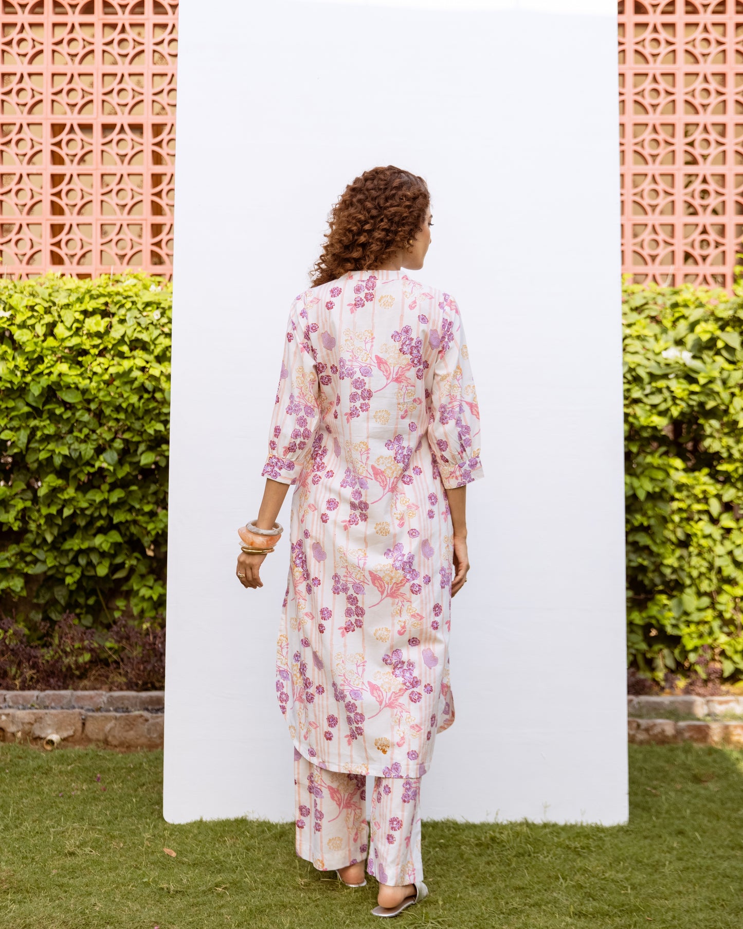 White With Multicolored Cotton Modal Mandarin Collar Floral Print Kurta Pant Set For Women's