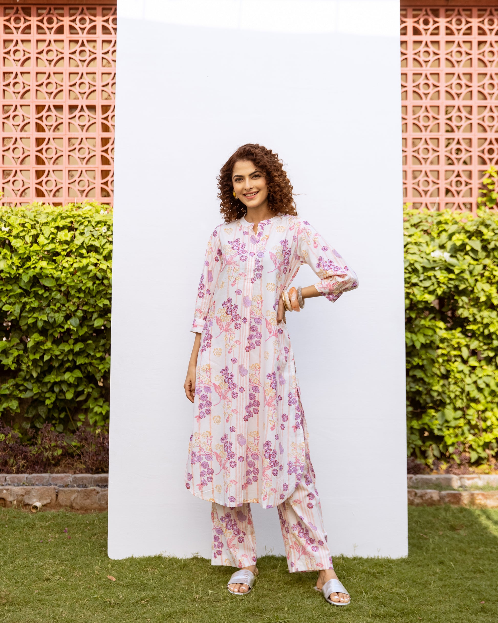 White With Multicolored Cotton Modal Mandarin Collar Floral Print Kurta Pant Set For Women's