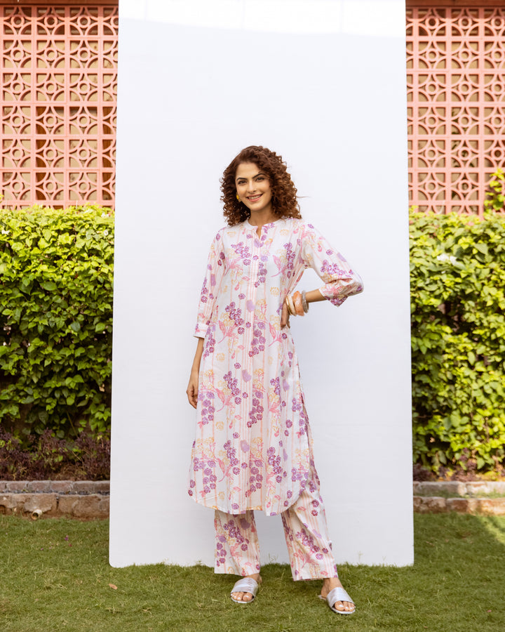 White With Multicolored Cotton Modal Mandarin Collar Floral Print Kurta Pant Set For Women's