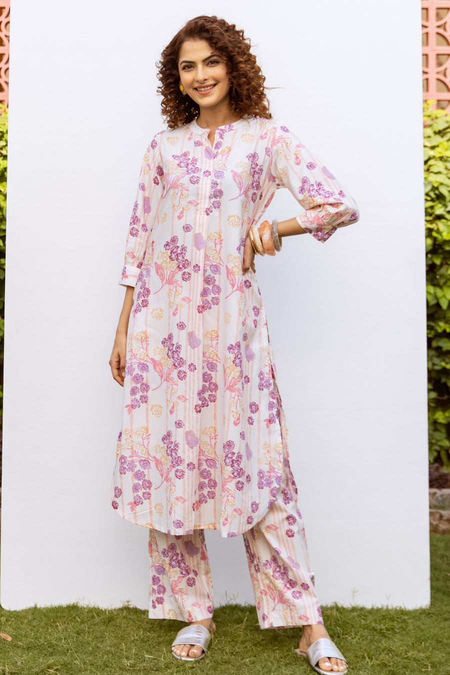 White With Multicolored Cotton Modal Mandarin Collar Floral Print Kurta Pant Set For Women's