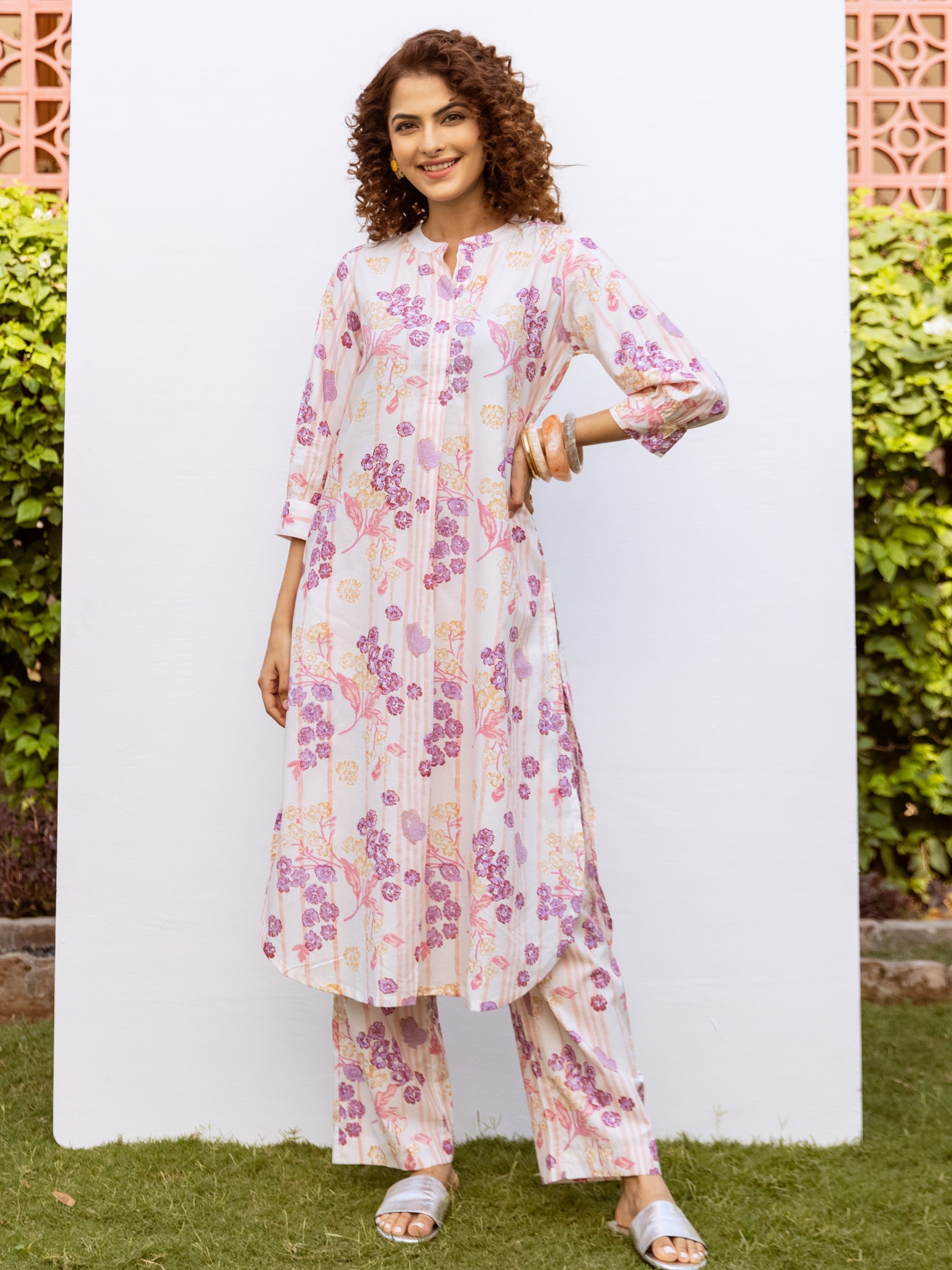 White With Multicolored Cotton Modal Mandarin Collar Floral Print Kurta Pant Set For Women's