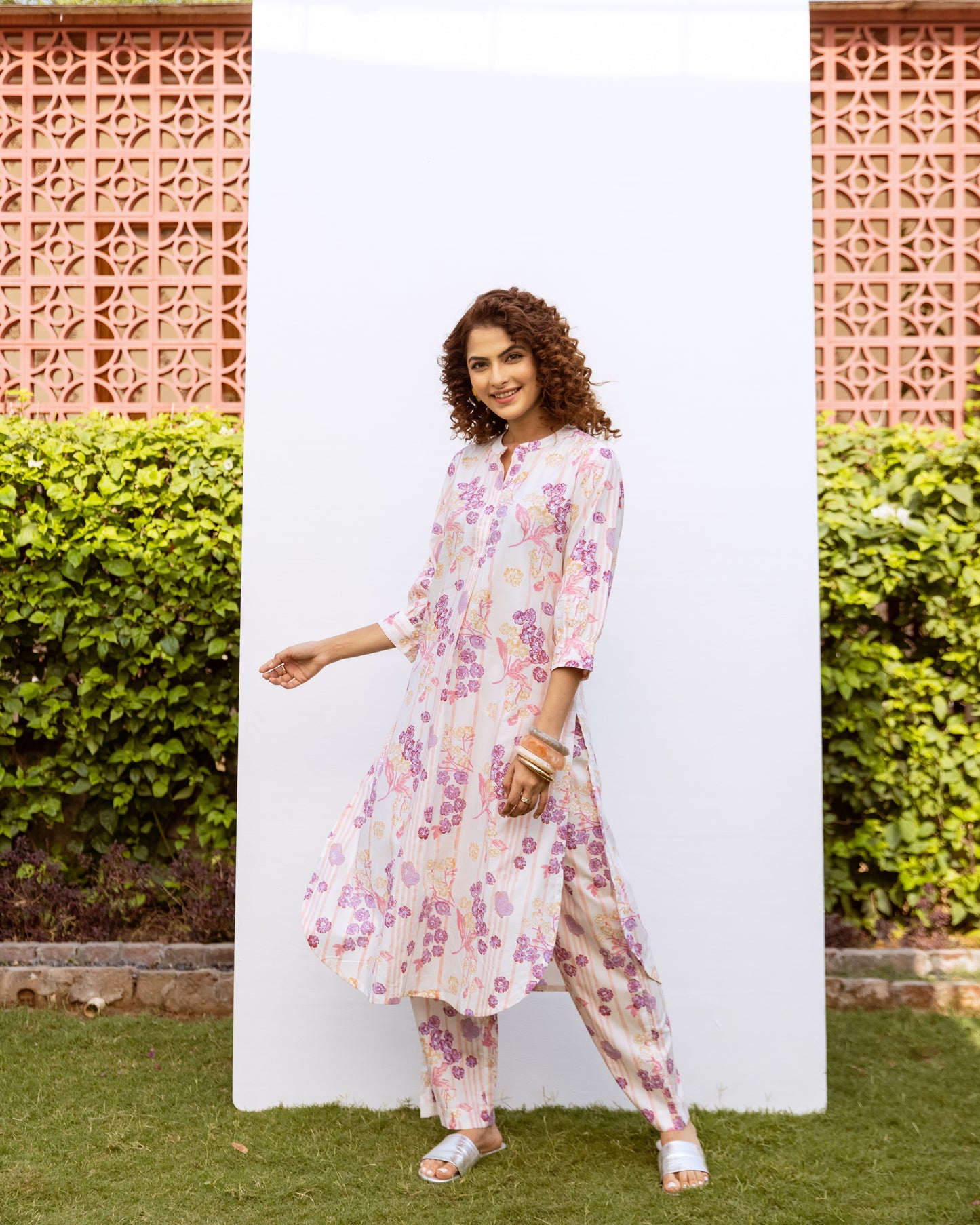 White With Multicolored Cotton Modal Mandarin Collar Floral Print Kurta Pant Set For Women's
