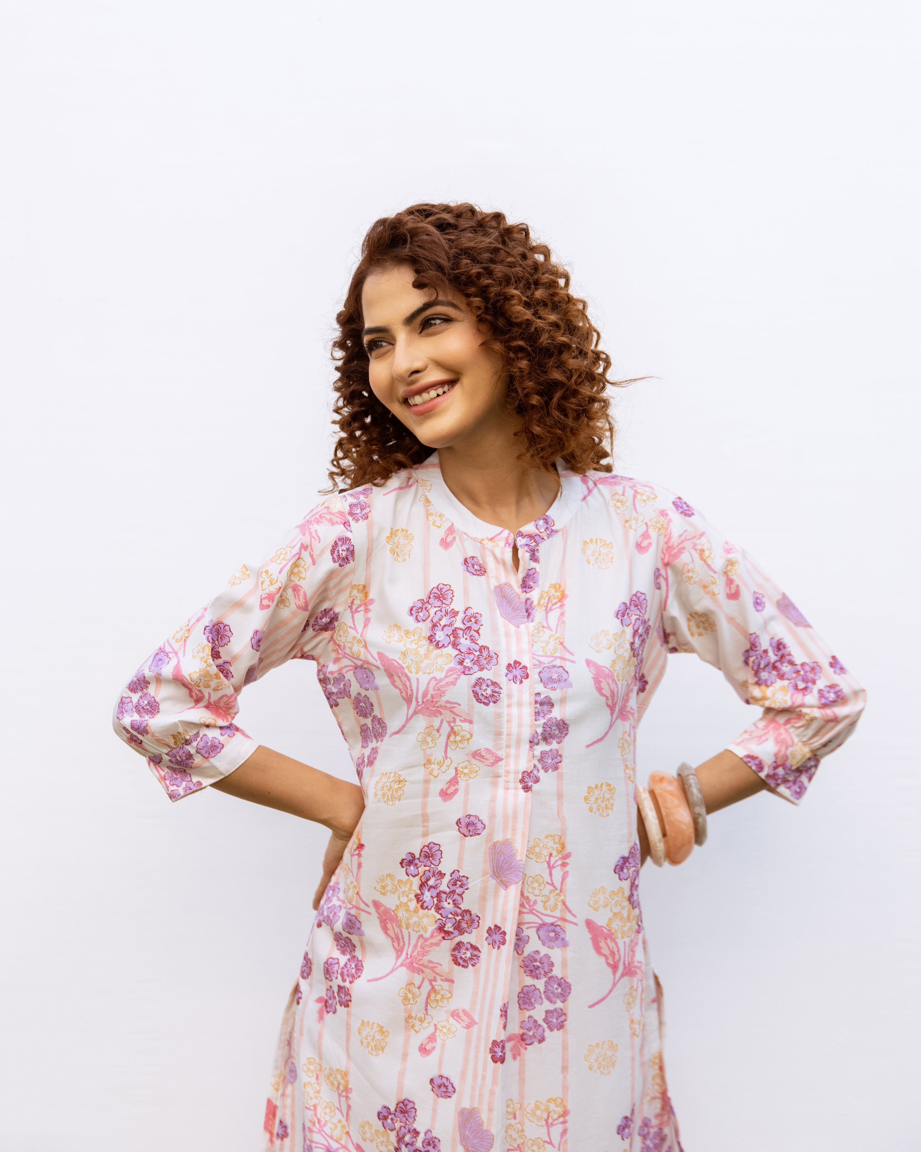 White With Multicolored Cotton Modal Mandarin Collar Floral Print Kurta Pant Set For Women's