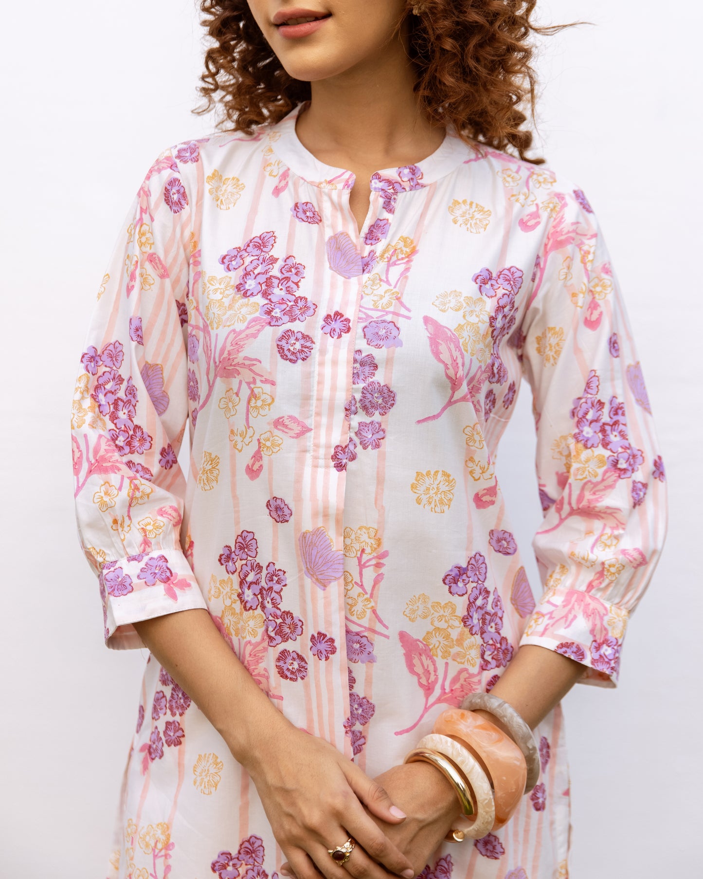 White With Multicolored Cotton Modal Mandarin Collar Floral Print Kurta Pant Set For Women's