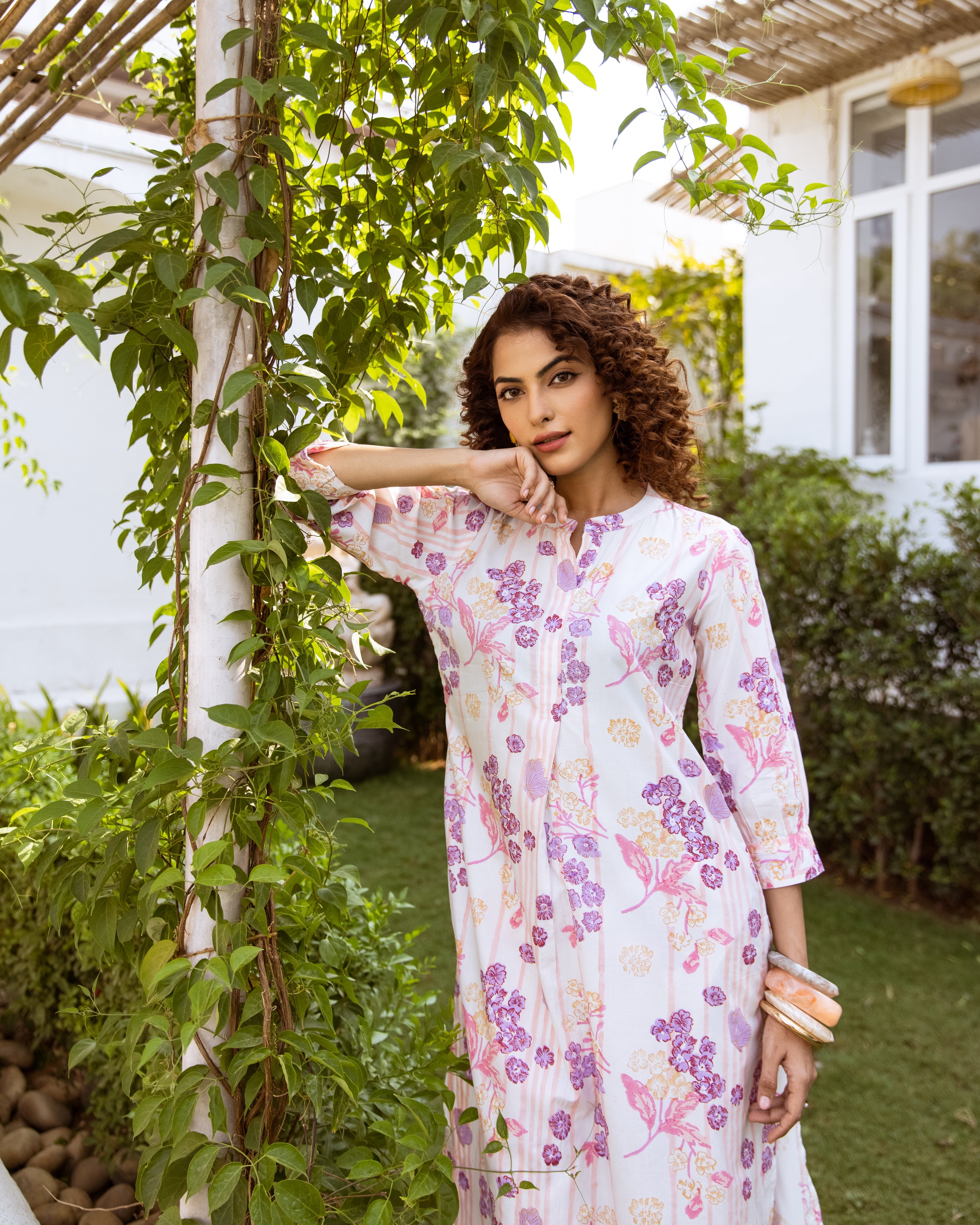 White With Multicolored Cotton Modal Mandarin Collar Floral Print Kurta Pant Set For Women's