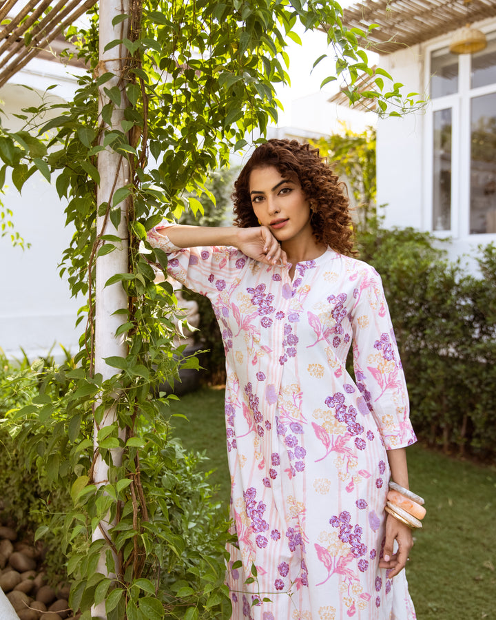 White With Multicolored Cotton Modal Mandarin Collar Floral Print Kurta Pant Set For Women's