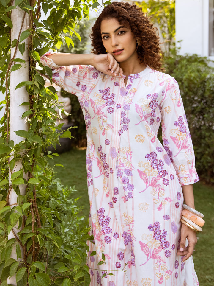 White With Multicolored Cotton Modal Mandarin Collar Floral Print Kurta Pant Set For Women's