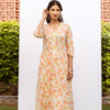 White With Peach Floral Print Round Neck Cotton Kurta For Women's