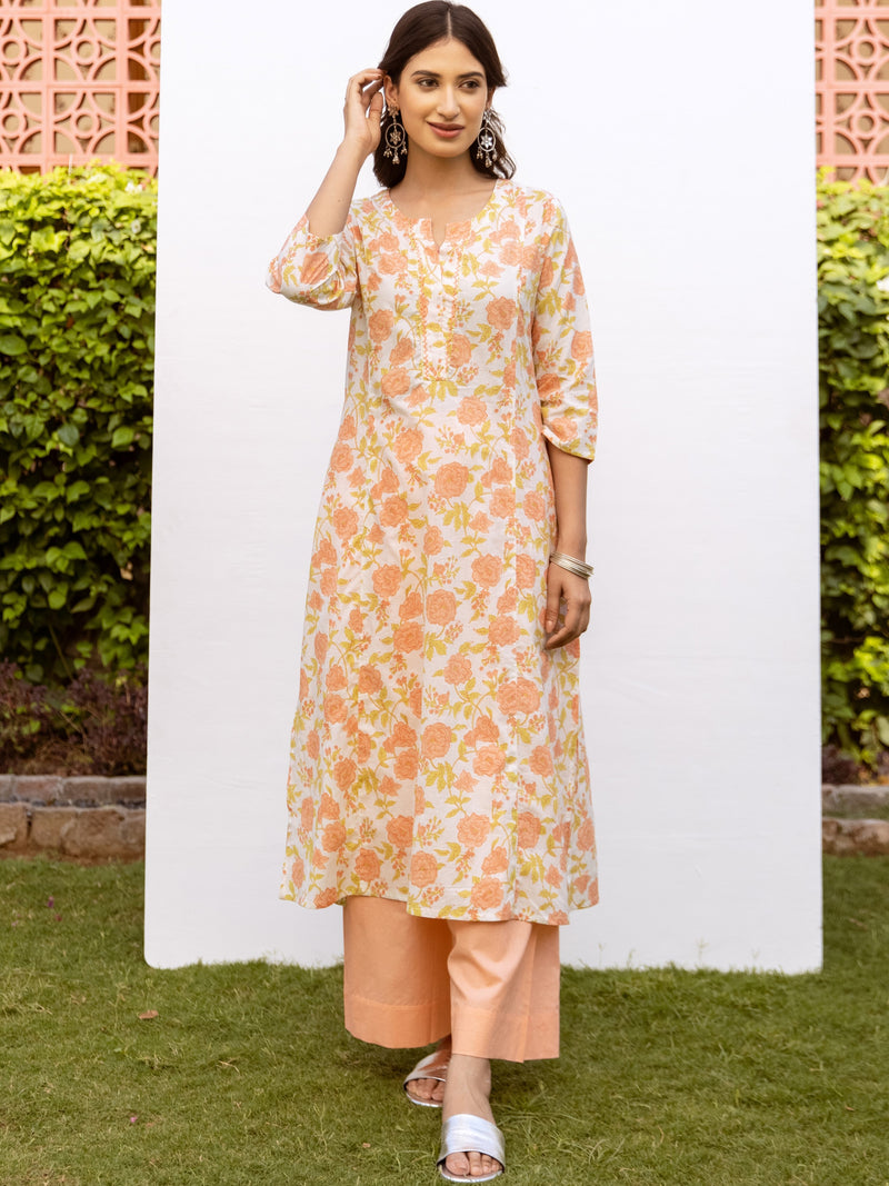 White With Peach Floral Print Round Neck Cotton Kurta For Women's