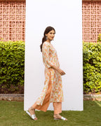 White With Peach Floral Print Round Neck Cotton Kurta For Women's
