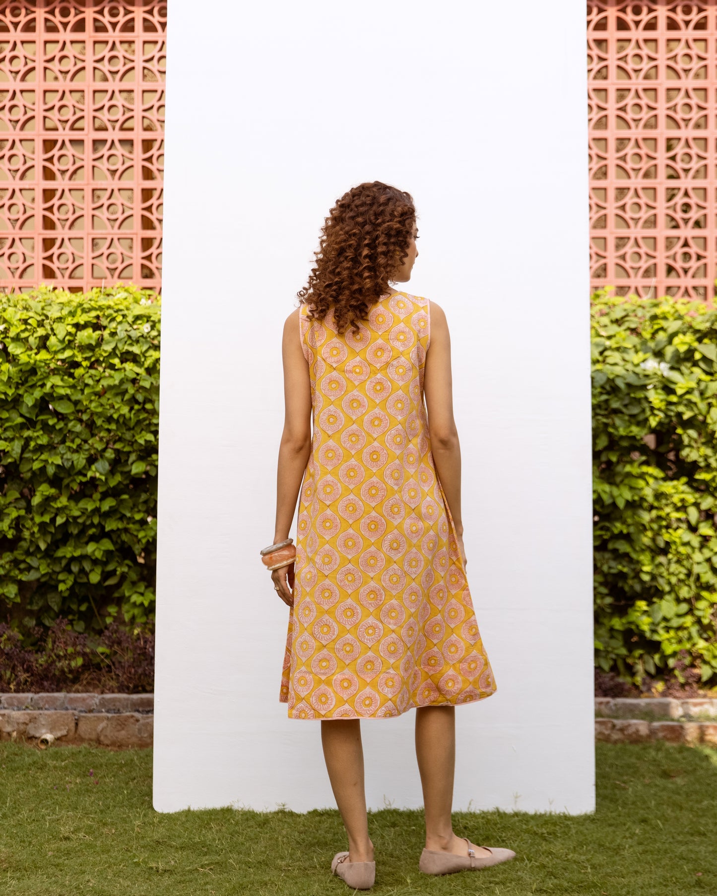 Yellow Cotton V-Neck Handblock Dress For Women's