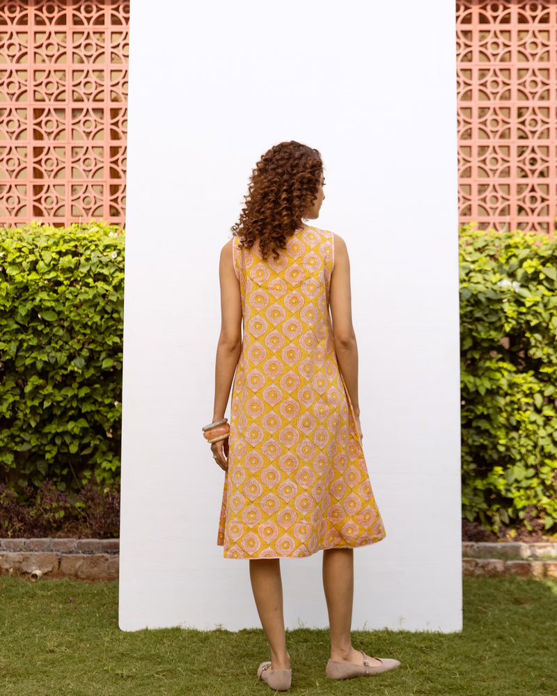 Yellow Cotton V-Neck Handblock Dress For Women's
