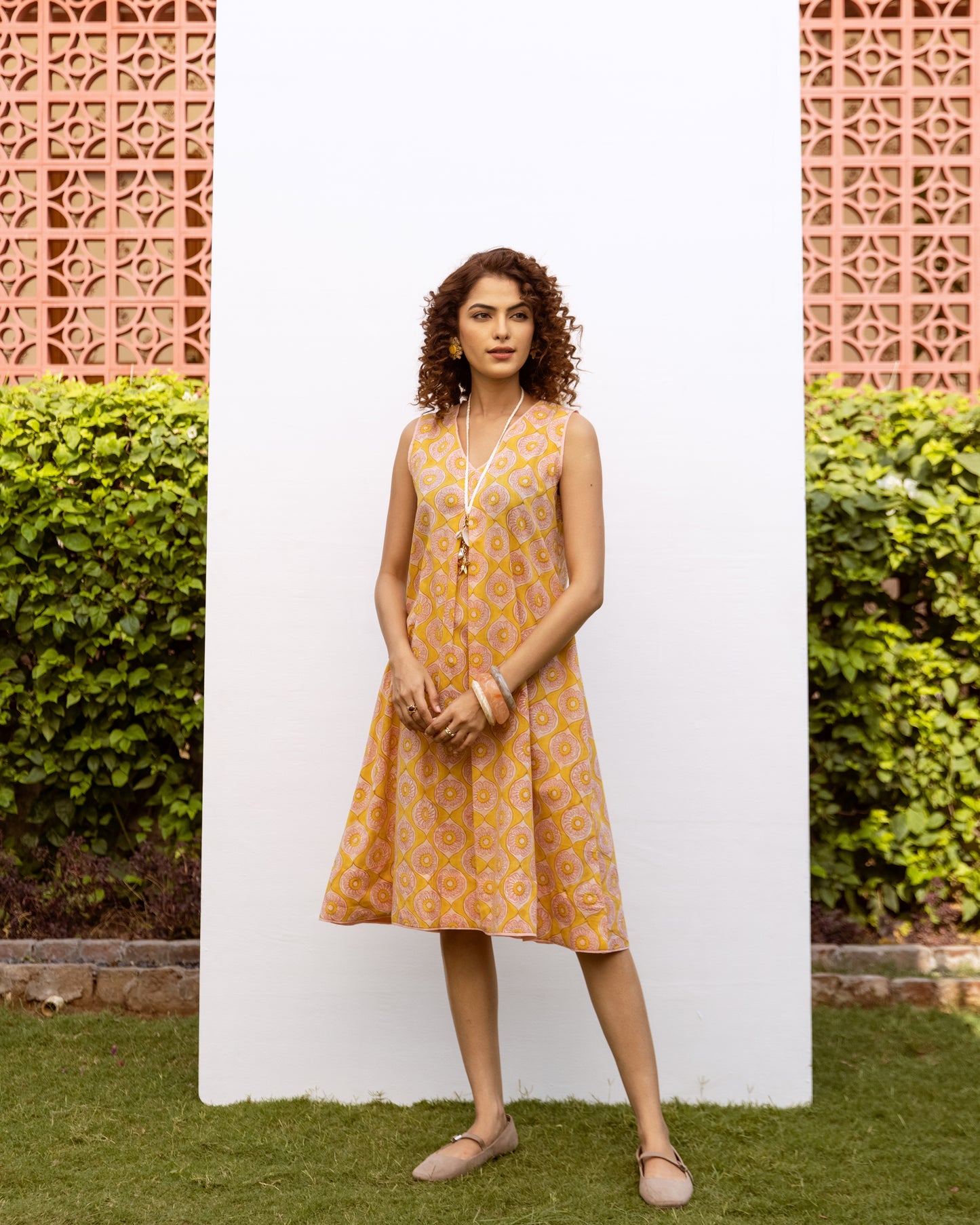 Yellow Cotton V-Neck Handblock Dress For Women's