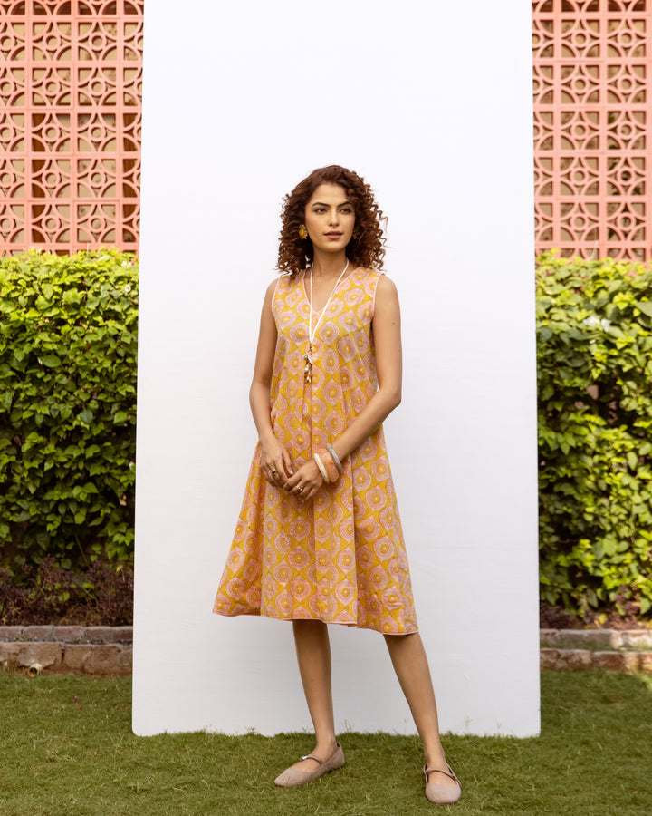 Yellow Cotton V-Neck Handblock Dress For Women's