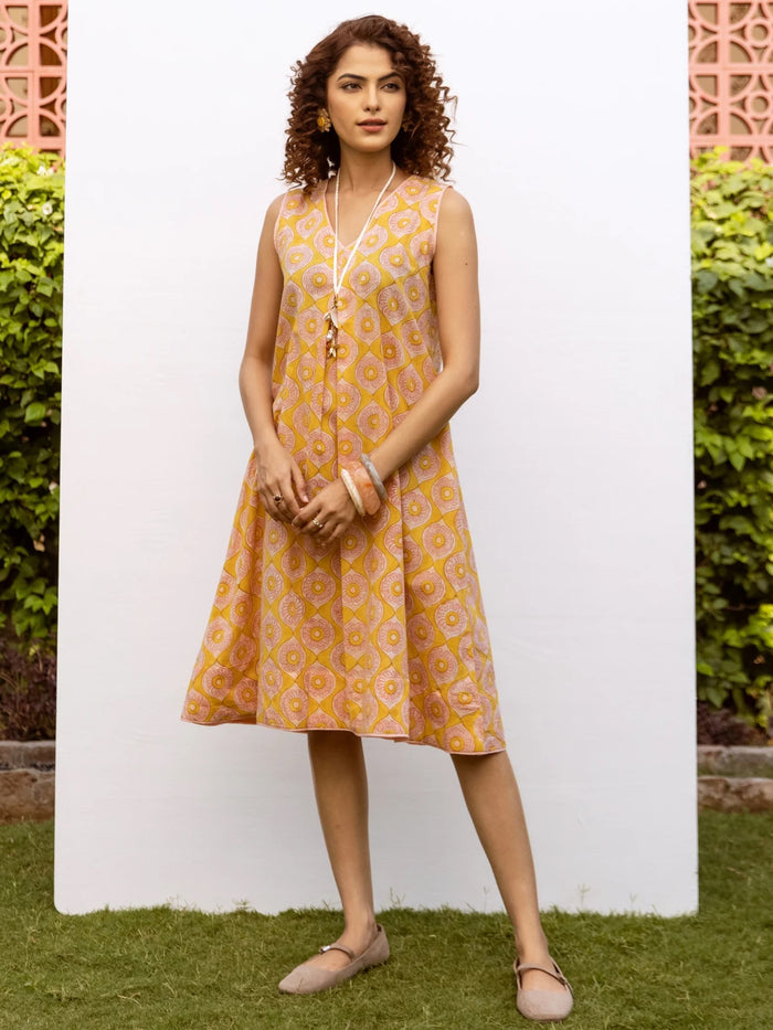 Yellow Cotton V-Neck Handblock Dress For Women's