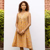 Yellow Cotton V-Neck Handblock Dress For Women's