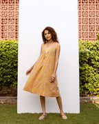 Yellow Cotton V-Neck Handblock Dress For Women's