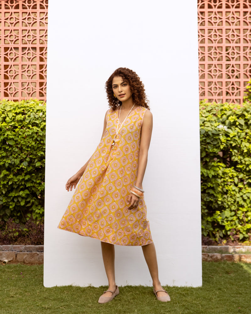 Yellow Cotton V-Neck Handblock Dress For Women's