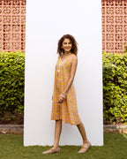 Yellow Cotton V-Neck Handblock Dress For Women's