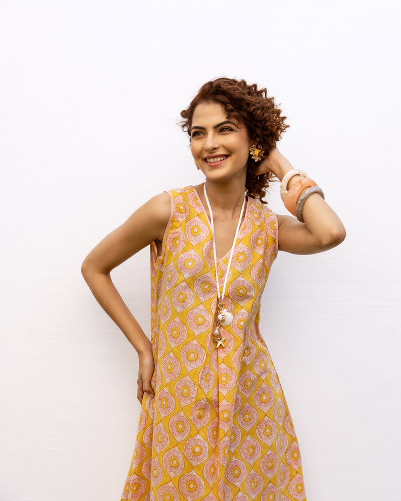 Yellow Cotton V-Neck Handblock Dress For Women's