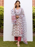White Cotton Round Neck Handblock Printed Kurta Dupatta Set (Pant Not Included)