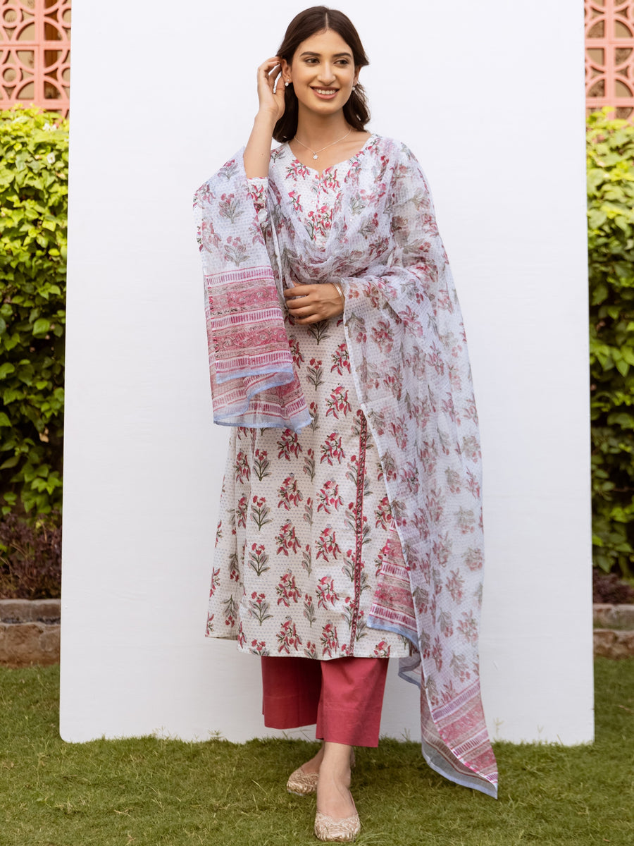 White Cotton Round Neck Handblock Printed Kurta Dupatta Set (Pant Not Included)